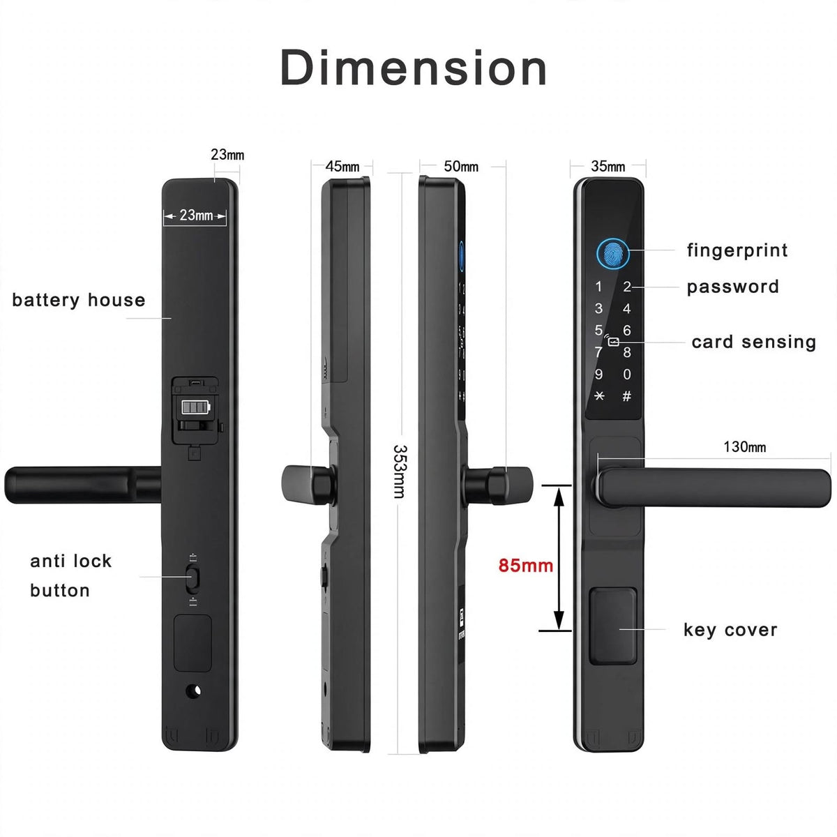 Lock dimensions: 353 mm overall, 35 mm front panel, 23 mm rear panel, 130 mm handle, 85 mm centres