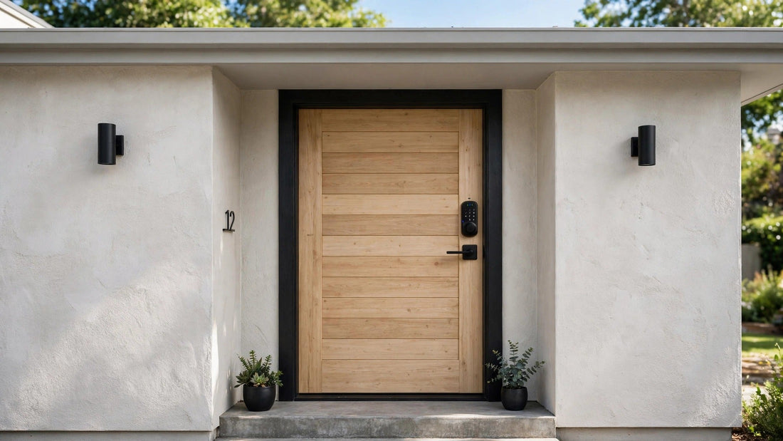 Front entrance of a house with a black lever-handle smart door lock installed on a timber door, rendered walls and door frame clearly visible