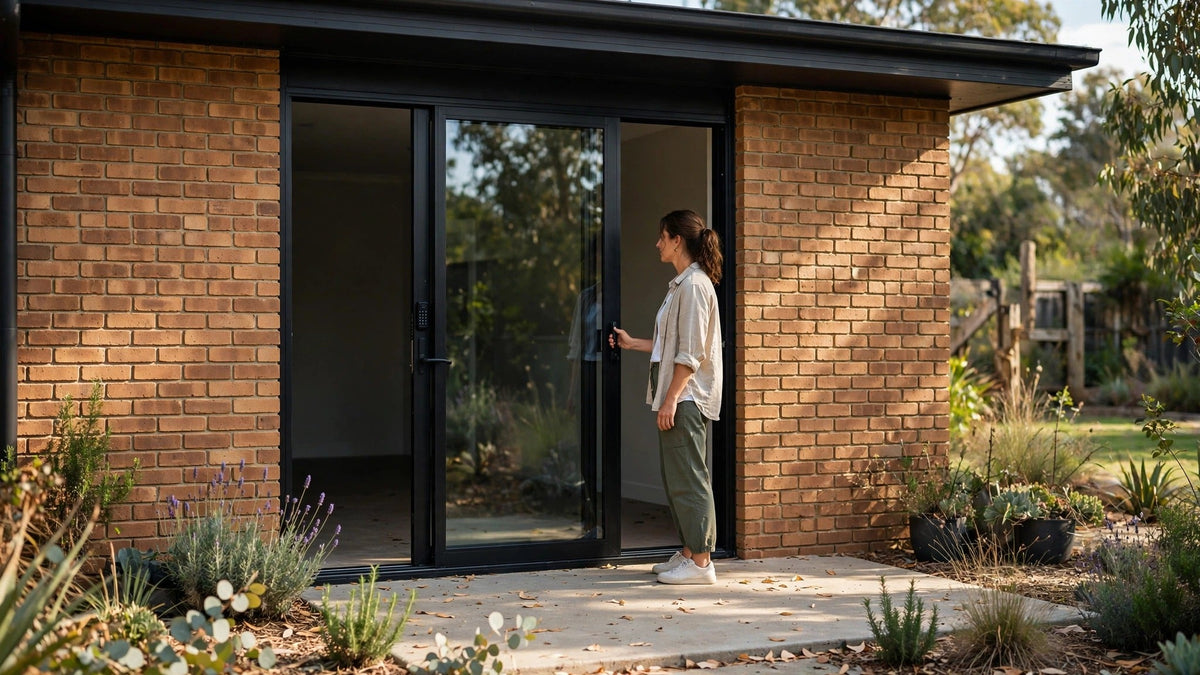 Woman opening a black aluminium-framed sliding glass door onto a patio, face-brick wall and eave visible