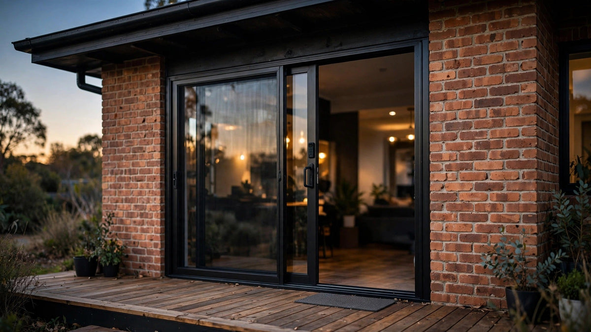 Black aluminium-framed sliding glass doors with a short black handle and keypad opening onto a timber deck at dusk, brick wall and eave visible