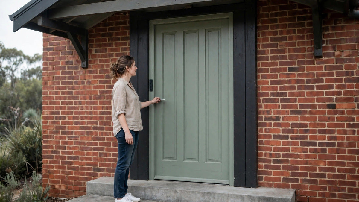 Woman with her hand on a small brushed silver handle and keypad on a sage-green timber front door, red-brick wall and concrete step visible
