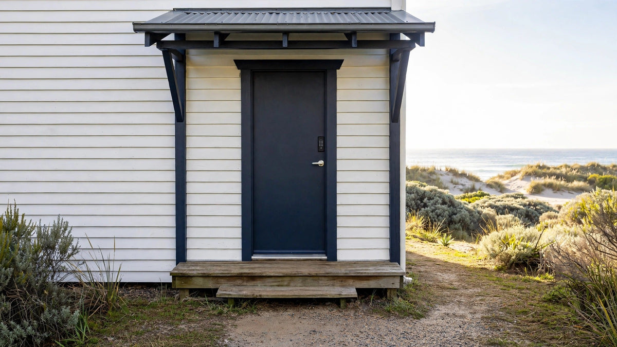 Navy front door with a small silver handle and keypad on a white weatherboard beach house, dune and ocean beyond