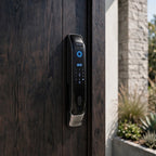 Face recognition smart door lock fitted to a dark timber entry door