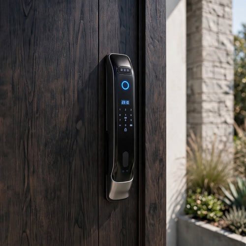 Face recognition smart door lock fitted to a dark timber entry door