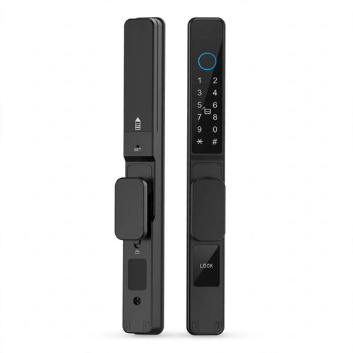 Matte black push/pull smart door lock with a short flush handle, outer keypad panel and inner panel