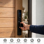 Hand opening the black short-handle smart door lock, with icons for app, fingerprint, password, card, key and USB unlock
