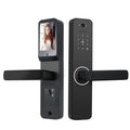 Smart door lock with built-in camera: outer panel with capture camera and keypad, inner panel with display screen