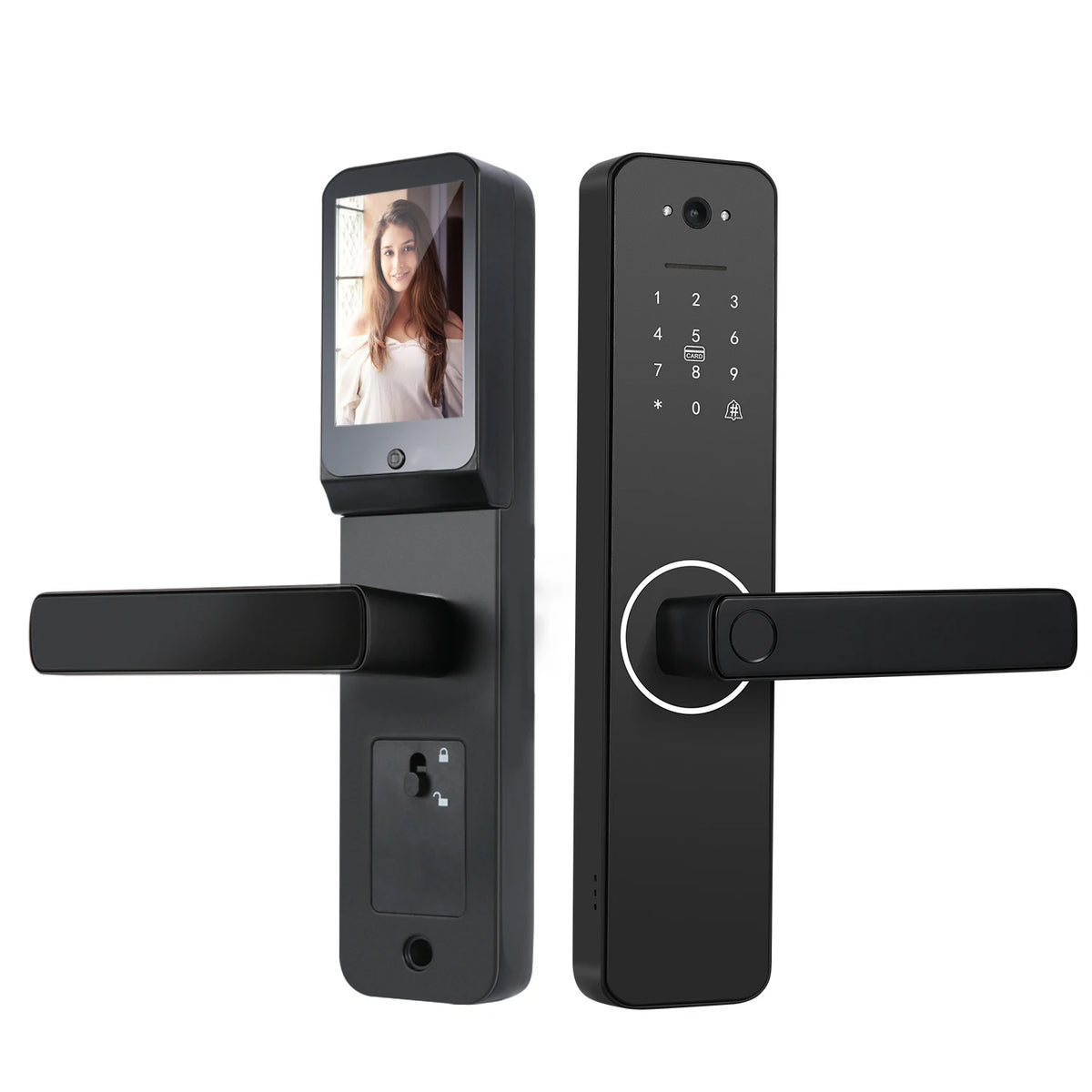 Smart door lock with built-in camera: outer panel with capture camera and keypad, inner panel with display screen