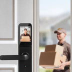 Inner screen of the smart door lock showing a delivery driver standing at the door