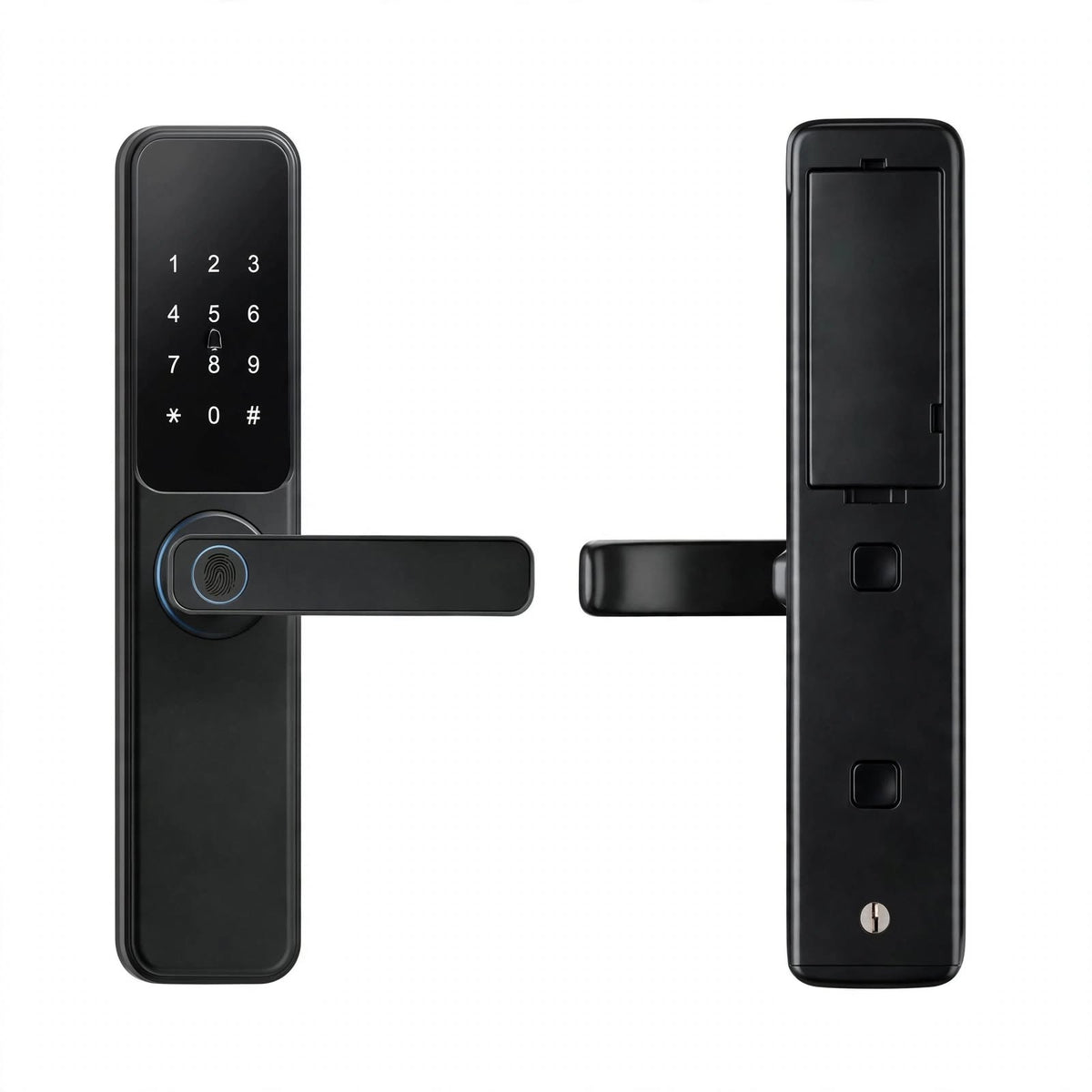 Black lever-handle smart door lock, outer keypad panel with fingerprint reader and inner panel