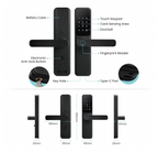 Labelled diagram of the lever-handle smart door lock: battery case, touch keypad, card sensing area, doorbell, fingerprint reader, anti-lock button, keyhole and Type-C port, with 150 mm and 104 mm dimensions
