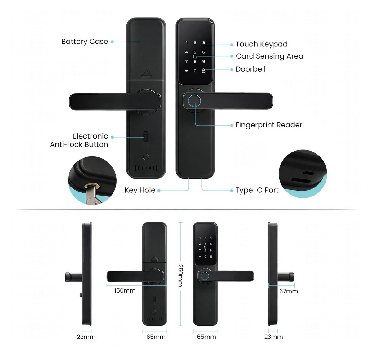 Labelled diagram of the lever-handle smart door lock: battery case, touch keypad, card sensing area, doorbell, fingerprint reader, anti-lock button, keyhole and Type-C port, with 150 mm and 104 mm dimensions