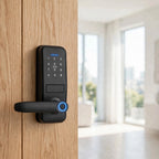 Black lever-handle smart door lock fitted to a timber door in a bright room