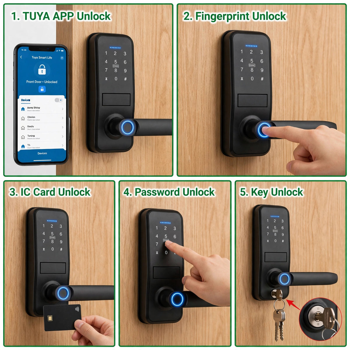 Five ways to unlock: Tuya app, fingerprint, IC card, password and mechanical key
