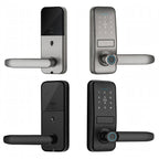Lever-handle smart door lock with adjustable 60-70 mm latch, shown in silver and in black