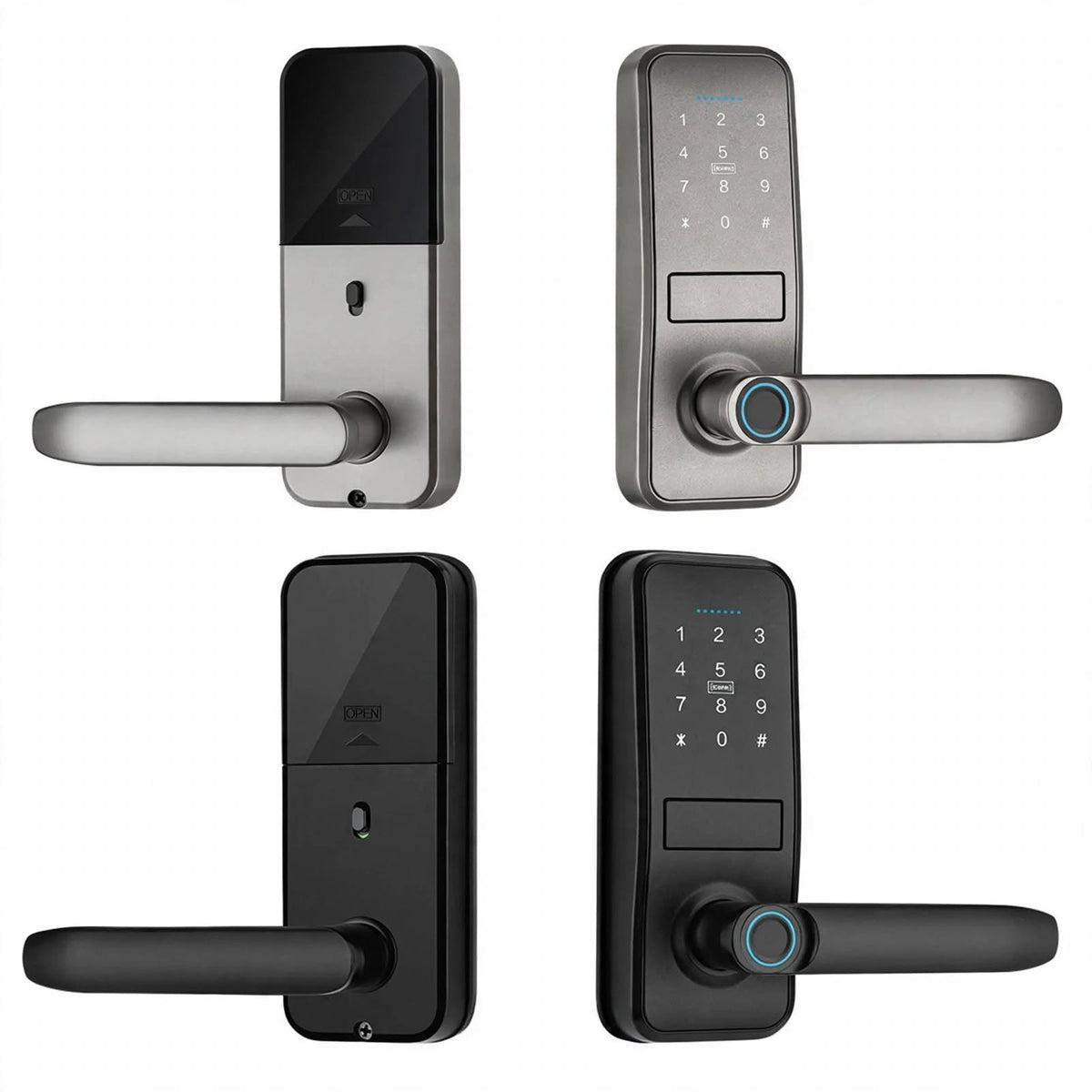 Lever-handle smart door lock with adjustable 60-70 mm latch, shown in silver and in black