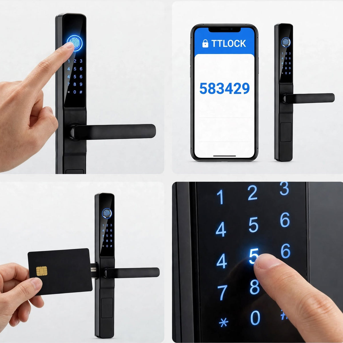 Four ways into the black smart door lock: fingerprint reader, TTLock app passcode, IC card and backlit keypad