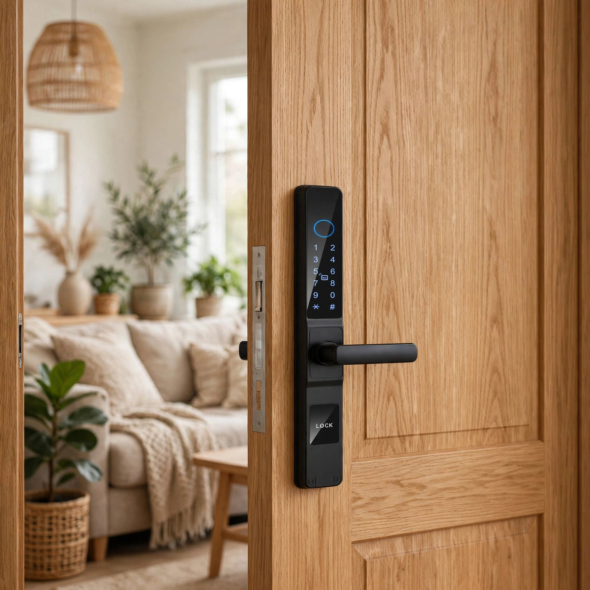 Black smart door lock fitted to a solid oak door, standing ajar onto a living room
