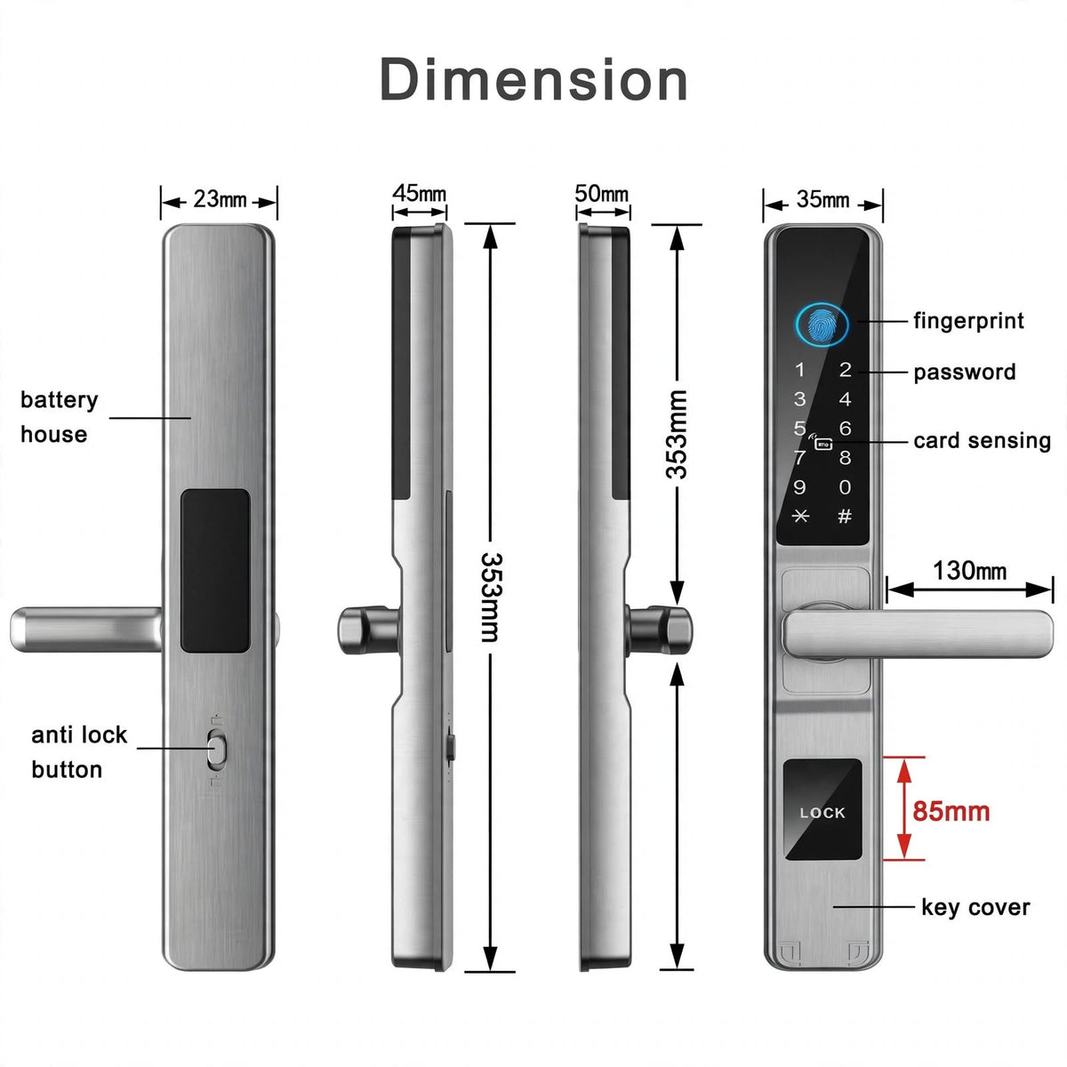 Dimension drawing of the silver long-handle smart door lock: 353 mm overall, 35 mm front panel, 23 mm rear panel, 130 mm handle, 85 mm centres