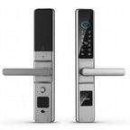 Brushed silver push/pull smart door lock, outer keypad panel and inner panel with bar handles