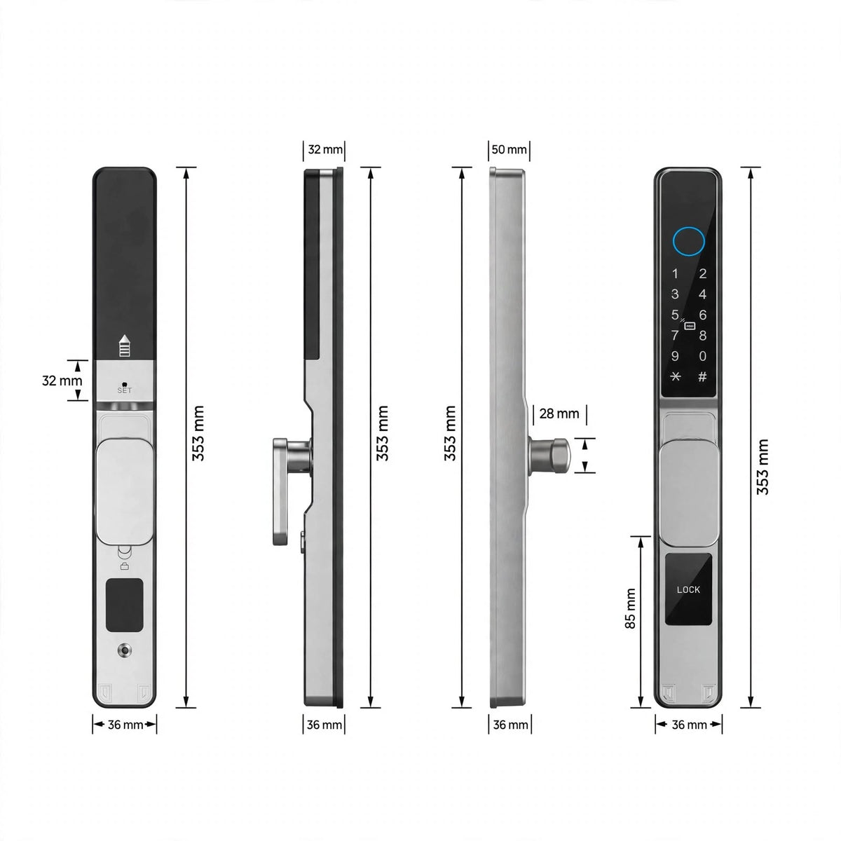 Dimension drawing of the silver short-handle smart door lock: 353 mm tall, 36 mm wide, 32 and 28 mm depths, hook bolt shown